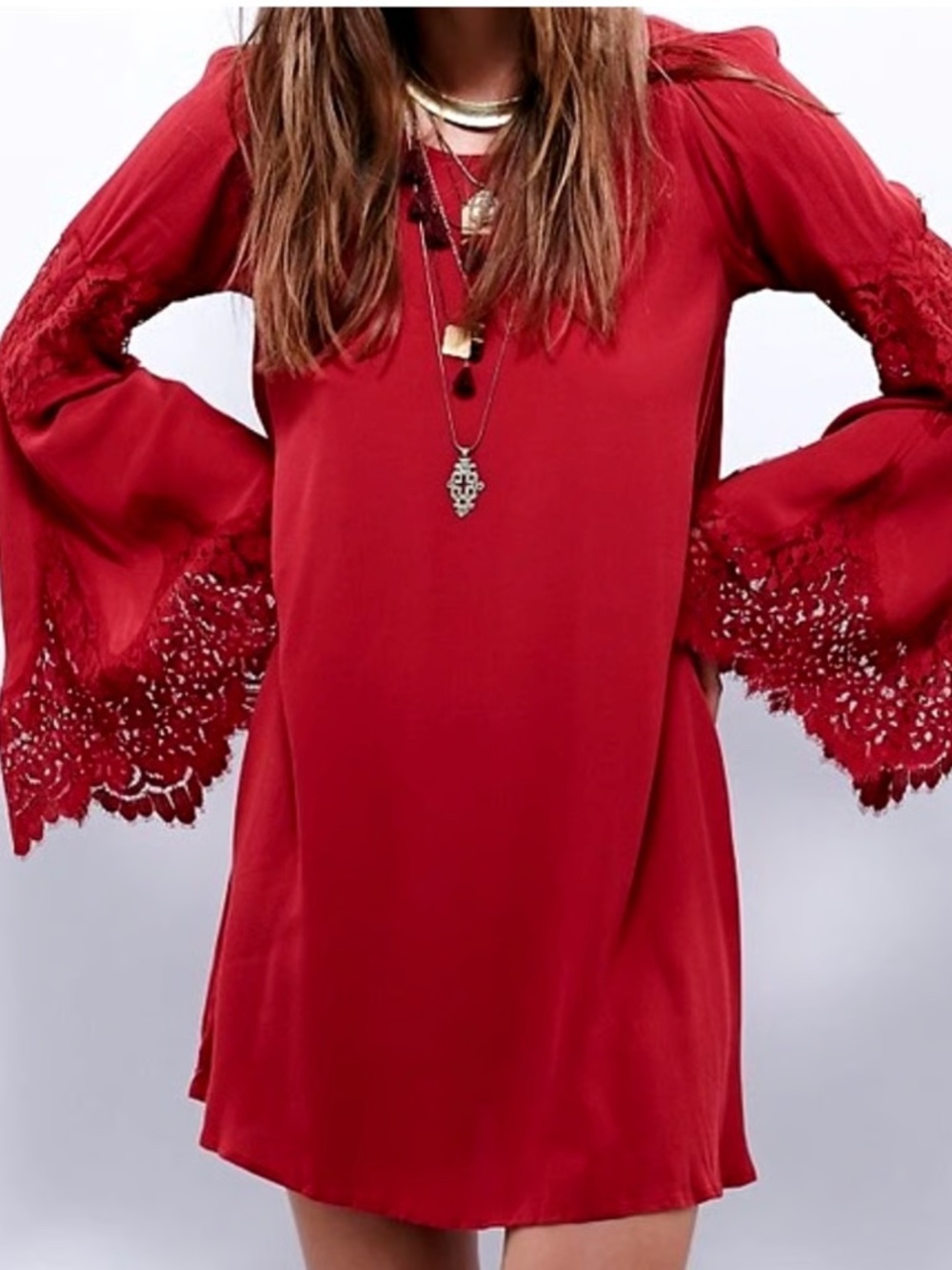 For Love & Lemons Festival Lace Bell Sleeve Dress – Red, Size XS